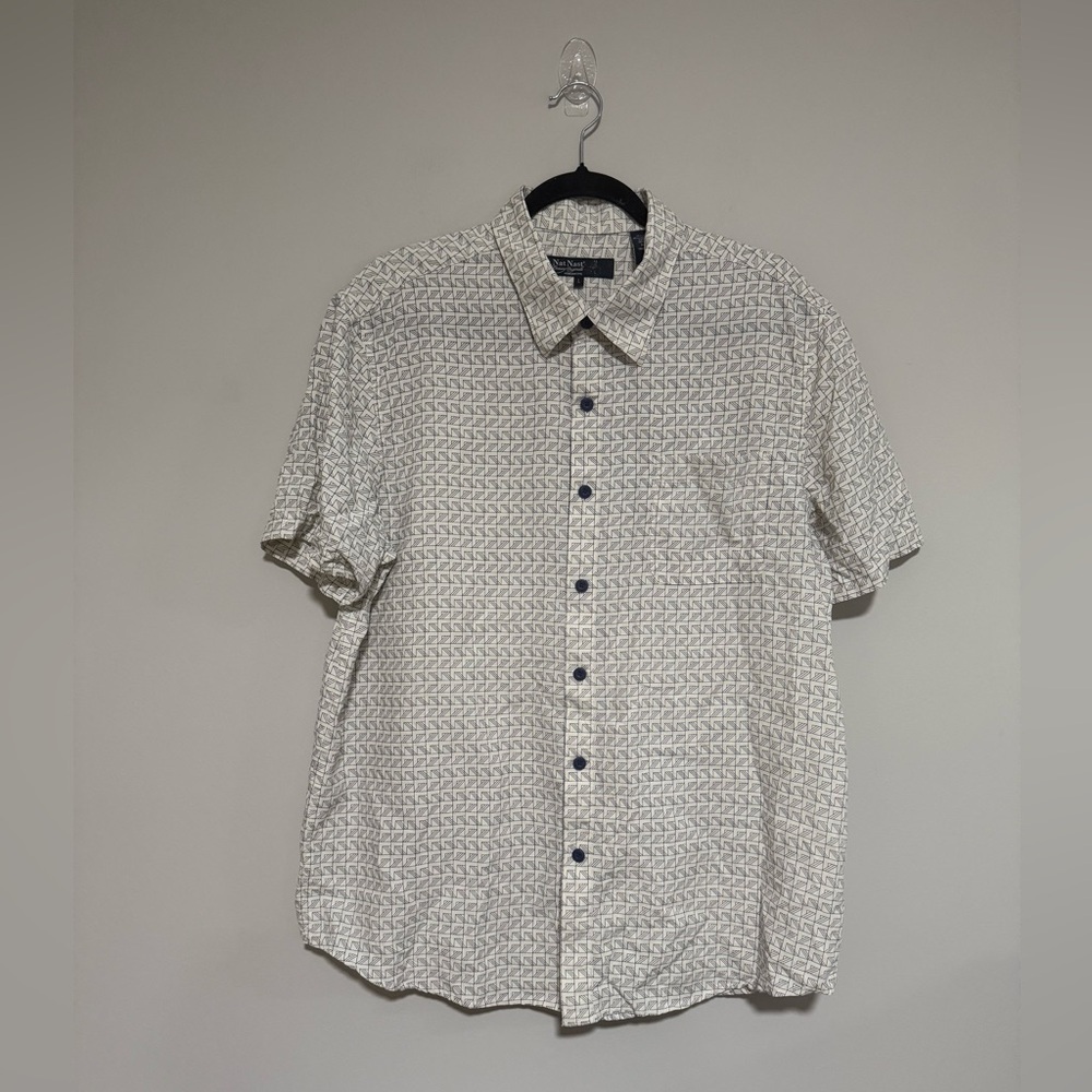 Nat Nast White Nautical Casual Button Down Shirt Size Large Silk Blend Coastal